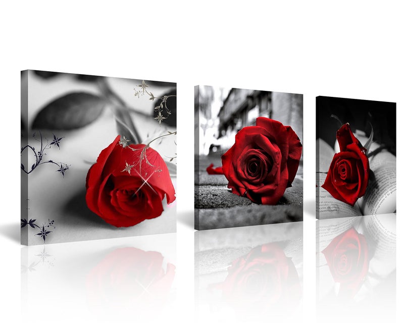 NAN Wind 3 Pcs Red Rose Canvas Art Black and White Red Wall Art Flower Picture Prints Stretched and Framed Triptych 12"X12" Floral Decor Canvas Art for Home Decor Living Room Bedroom - Image 1